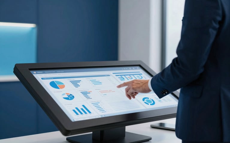A sleek, professional business setting in North American / US, where a person in smart attire is interacting with a large touch-screen monitor displaying clean data visualizations. The room is styled with deep blue and light blue accents, exuding a sense of modern innovation.
