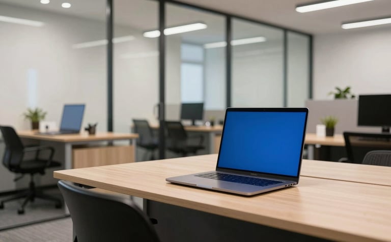 An airy, professional office space in North American / US with glass partitions. The scene captures a clean, organized workspace with a focus on high-tech devices like a modern laptop on a light wood desk. The lighting is bright and efficient, using a palette of off-white and deep blue.