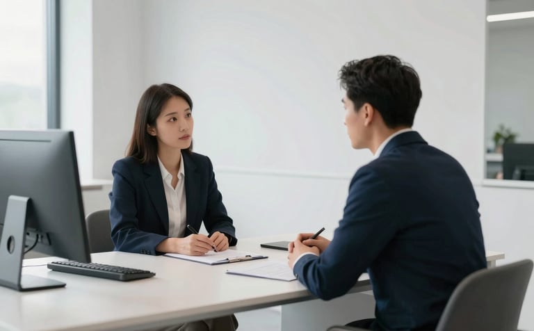 A sophisticated one-on-one coaching session between two professionals in a minimalist, light-filled office. The setting is modern and professional, featuring white and light gray tones with clean architectural lines. Global international setting, premium photography.