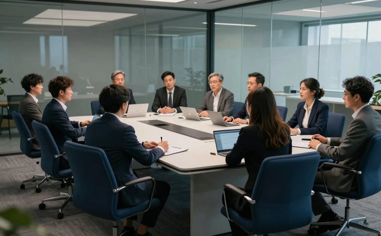 A group of professionals in a sleek, glass-walled conference room participating in an interactive training workshop. Modern tech environment, deep blue furniture, professional and motivational mood, global international setting, cinematic lighting.