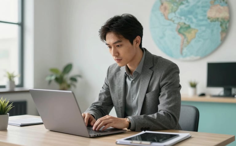A focused professional in a modern, bright workspace studying on a laptop. The room is minimalist with clean lines and a professional atmosphere. Soft teal and gray accents in the decor, global international setting, high-end photography with natural morning light.