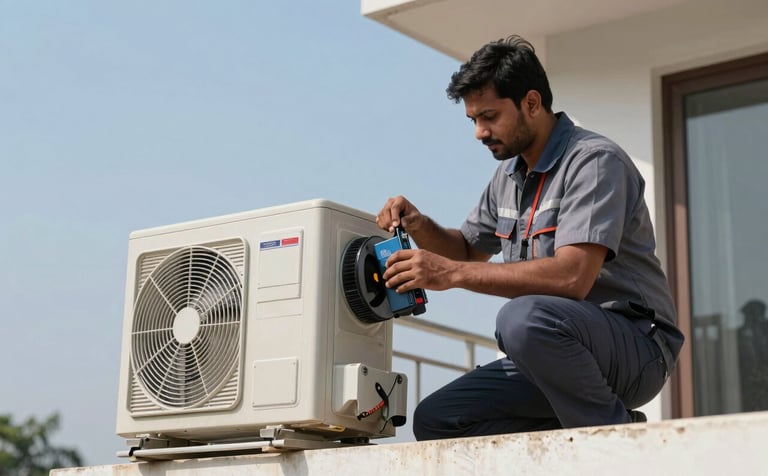 A South Asian technician on a residential balcony in Noida, expertly installing an outdoor AC compressor unit. Clear blue sky in the background, professional attire, and high-quality equipment highlighting a reliable and efficient service.
