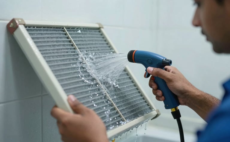 A close-up photograph of a South Asian technician's hands carefully washing an AC mesh filter with a water spray in a clean wash area. Soft, diffused lighting highlights the steel blue and cloud white surroundings, conveying cleanliness and care.