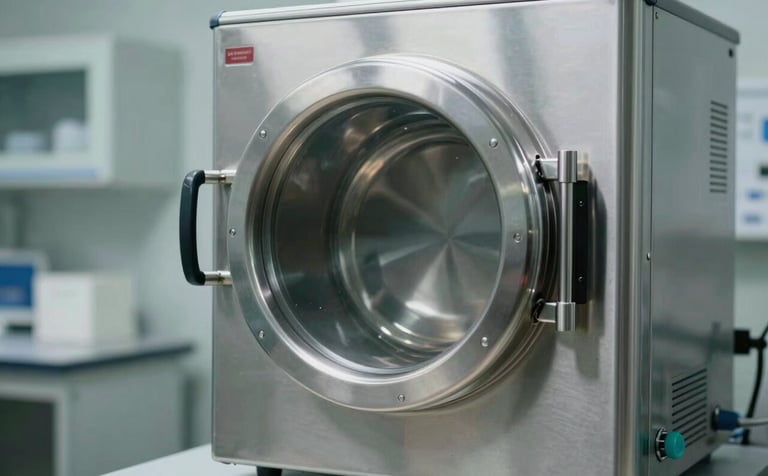 A close-up shot of a sophisticated stainless steel autoclave and medical cabinets in a South Asian / Indian medical lab. The surfaces are highly reflective and clean, demonstrating precision manufacturing and hygiene. The style is industrial and professional.