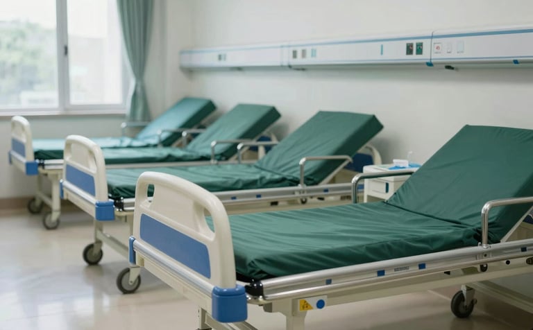 A clean, well-lit hospital ward in a South Asian / Indian medical facility. Rows of high-quality hospital beds with stainless steel frames and dark forest green upholstery are visible. The environment looks modern, professional, and trustworthy, with large windows providing soft natural light.