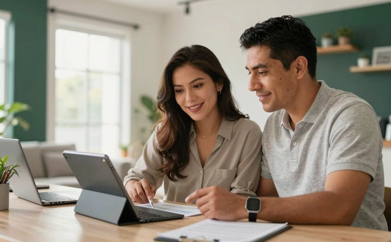A focused Mexican / Latin American couple in their 30s sitting in a sunlit, modern home office, reviewing finances on a tablet with a sense of optimism. Soft natural light, clean interior with off-white and deep green accents.