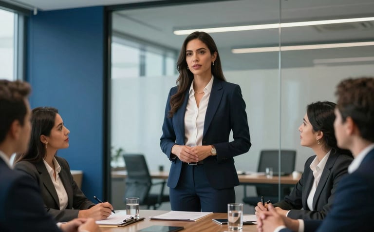 A professional Mexican / Latin American woman in an elegant corporate setting, leading a meeting with confidence. Modern office with glass walls, deep blue accents, and a clean, high-end aesthetic.