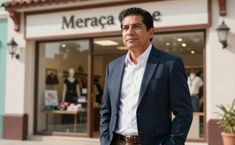 A Mexican / Latin American entrepreneur standing proudly in front of his small boutique or store. He is dressed in business casual attire, looking approachable and successful. Bright, clear daylight, elegant architectural background.
