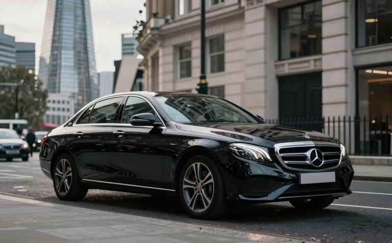 A professional and sleek black Mercedes-Benz E-Class parked on a London street with the Shard visible in the background. The lighting is sophisticated and calm, with a palette reflecting #0A1F1C and #1D4C44 in the urban shadows. The composition is clean and trustworthy.