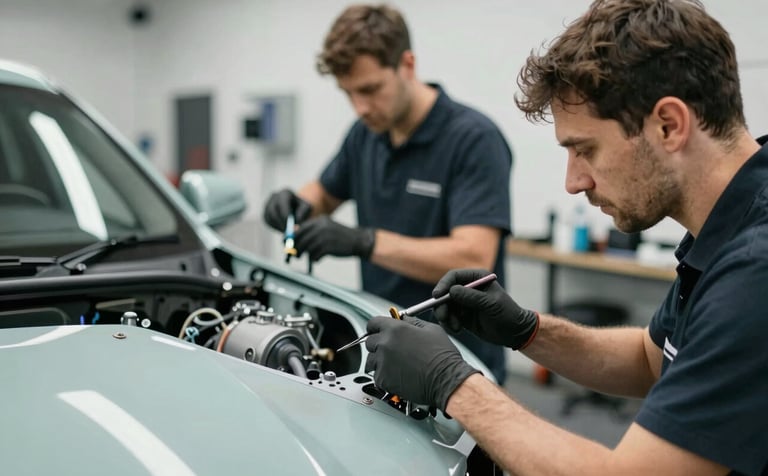 A close-up of a high-end car body shop in London. Skilled technicians are working on a luxury car with professional tools. The lighting is bright and clean, emphasizing efficiency and premium quality. Touches of #698B7F and #EDF3F1 are present in the environment.