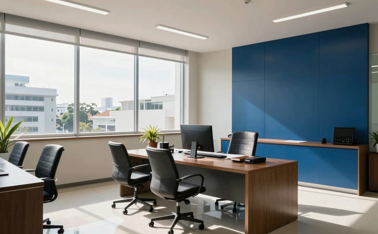 A professional setting in a modern South American / Brazilian government office. A clean workspace with sunlight streaming through large windows. The interior features professional steel blue and soft off-white tones, conveying a sense of transparency and administrative efficiency.