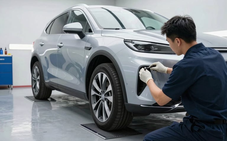 A clean, high-end North American auto body repair shop. A modern silver car is positioned in a bright workspace where a technician is performing precision panel alignment. The lighting is crisp and professional, highlighting a clean floor and tools in shades of dark navy and light grey-blue.