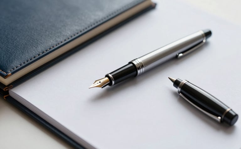 A close-up shot of a high-quality fountain pen resting on top of leather-bound legal documents and folders. The composition is elegant and minimalist, conveying reliability and solid financial stewardship. Subtle accents of #5D6D7E and #AAB7B8 appear in the professional setting.