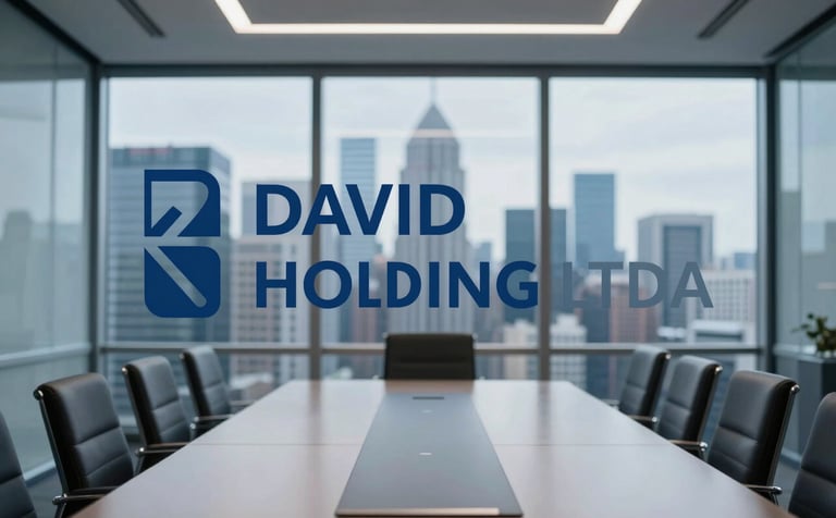 A sophisticated corporate boardroom with a large glass window overlooking a modern city skyline. The lighting is clean and professional. The scene incorporates deep blues (#2C3E50) and metallic silvers (#AAB7B8) to reflect the strategic and trustworthy mood of DAVID HOLDING LTDA.