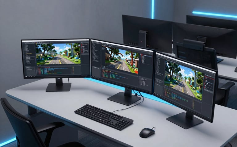 A high-angle photography shot of a sleek, modern International / Global tech studio desk with multiple monitors showing code and 3D game models. The room is filled with soft mist grey lighting and accents of bright sky blue from LED strips. Sophisticated, innovative atmosphere.