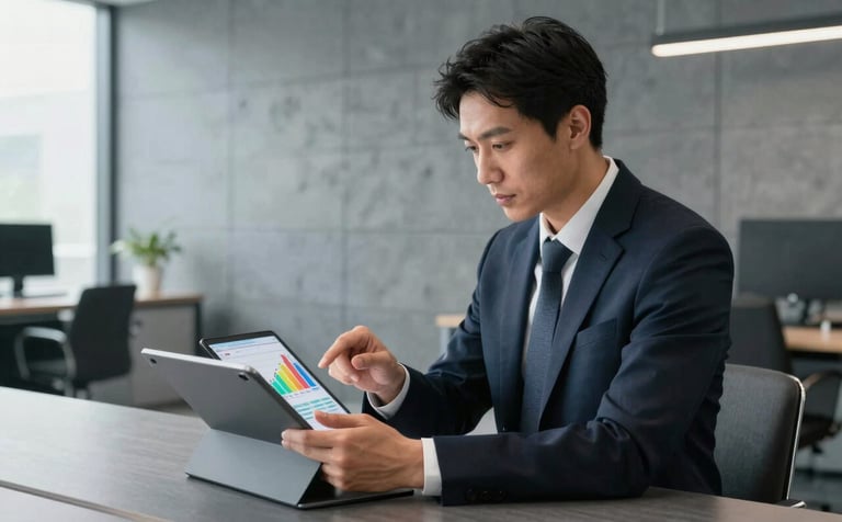 A professional in a modern International / Global office analyzing colorful growth data on a high-end tablet. The setting features cool slate grey walls and furniture with dark slate navy details. Bright, high-key photography conveying trustworthiness.