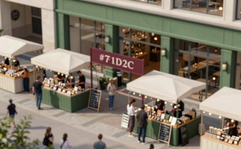 An aerial view of a bustling, modern artisanal food market. The stalls are clean and well-designed with chalkboard signs. Shoppers are seen engaging with vendors. The overall lighting is bright and inviting, highlighting a sophisticated mix of Deep Ripe Crimson (#7F1D2C) signage and Matte Forest Green (#2D543B) architectural elements.