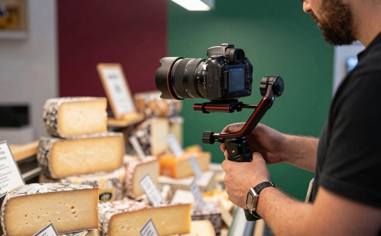 A professional photographer in a North American / Western European artisanal food market, capturing close-up shots of handcrafted cheeses. The scene is behind-the-scenes, showing a DSLR on a gimbal. The lighting is bright and modern. Deep Ripe Crimson and Matte Forest Green elements are visible in the background decor.