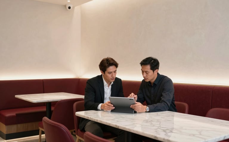 A wide-angle shot of a bright, modern restaurant interior. A restaurant owner and a digital strategist are sitting at a clean marble table, discussing a content strategy on a sleek tablet. Professional, down-to-earth atmosphere in a North American / Western European city. Soft natural light, high-contrast composition with Crisp Parchment walls and Deep Ripe Crimson seating.