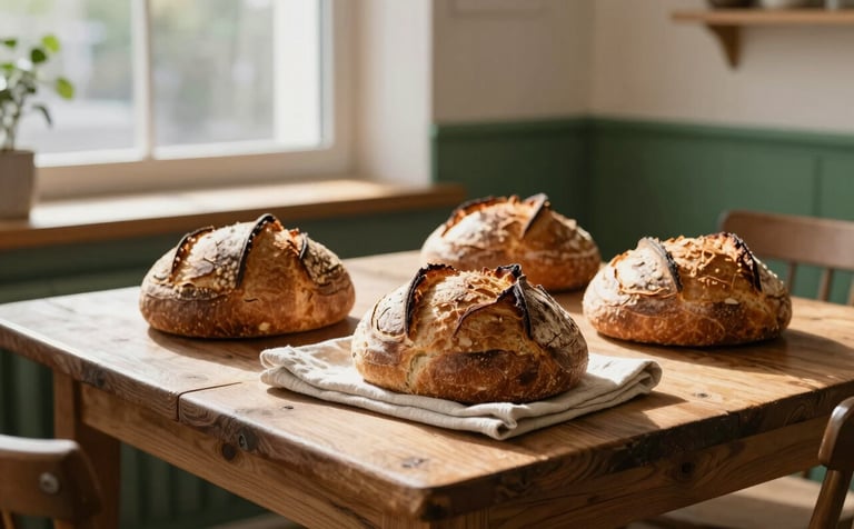 A cozy, Scandinavian-style bakery interior in a North American / Western European setting. Warm morning sunlight streaming through a window onto a rustic wooden table with fresh sourdough bread and linen napkins. Professional food photography style with soft shadows and rich textures of Crisp Parchment and Matte Forest Green accents.