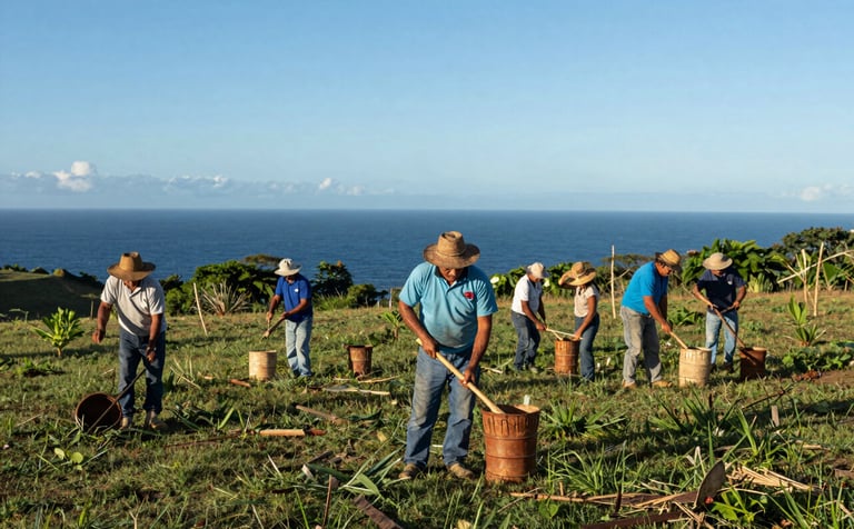 A group of South American / Colombian farmers in the Atlántico countryside working together with sustainable tools. The scene includes elements of soft steel blue in their attire and deep ocean blue in the distance. Clear morning sunlight, wide shot.