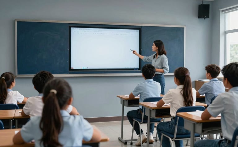 A modern classroom in a South American / Colombian setting with enthusiastic young students and a teacher using a digital screen. The room features accents of deep ocean blue and misty grey. Professional photography, soft natural lighting.
