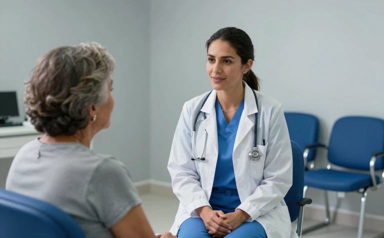 A South American / Colombian female doctor in a bright, modern clinic in Atlántico talking kindly to an elderly woman. The interior features misty grey walls and deep ocean blue chairs. Clean, professional photography.