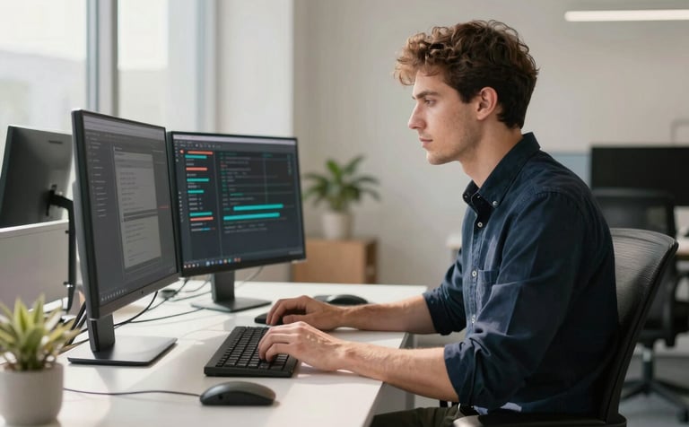A focused software developer in a modern, sunlit North American office environment, working on a clean desk with a high-end Android workstation. The composition is a medium shot with a shallow depth of field, highlighting a professional and innovative atmosphere with off-white and dark navy tones.