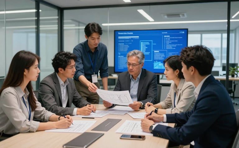 A group of tech professionals in a collaborative meeting inside a glass-walled conference room in a North American tech hub. They are reviewing project blueprints and data. The style is professional and sleek with off-white and deep blue lighting.