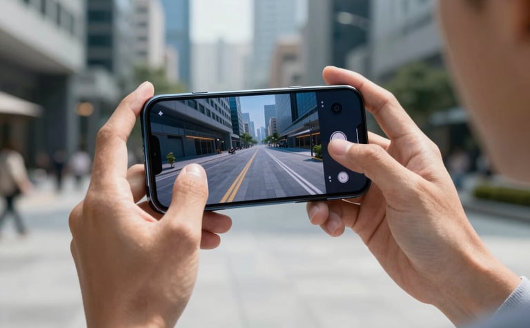 Close-up of hands holding a sleek smartphone in a modern US urban setting, showing a person interacting with a high-quality 3D mobile game. The lighting is crisp and cinematic, emphasizing deep blue and light blue brand colors in a realistic outdoor daylight scene.