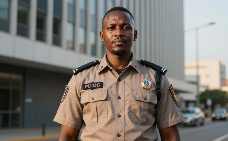 A Southern African security guard standing confidently in a modern urban environment, soft gold hour lighting, representing protection and peace of mind, sharp focus, professional photography.