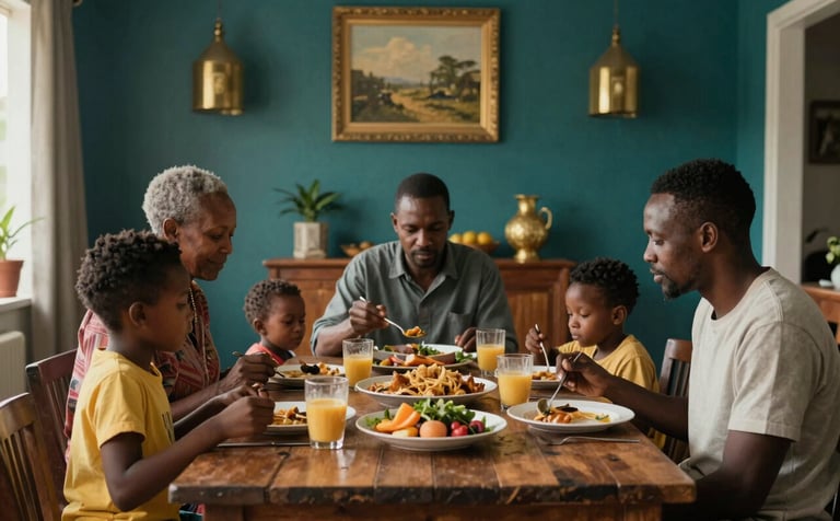 A Southern African family sharing a meal in a comfortable home, deep teal and warm gold accents in the decor, atmospheric lighting, conveying a sense of relief and security.