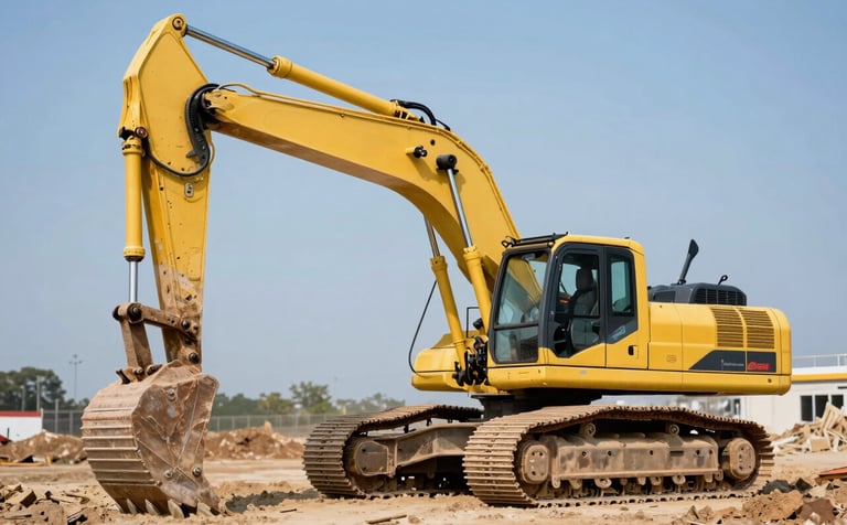 Large yellow industrial excavator operating at a North American construction site during a bright day, captured with professional depth of field and clean blue-sky background.