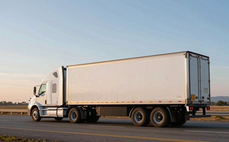 A side-view shot of a modern, clean white commercial semi-truck driving on a clear North American highway at sunset, with soft warm lighting and a blue-sky horizon, conveying reliability and momentum.