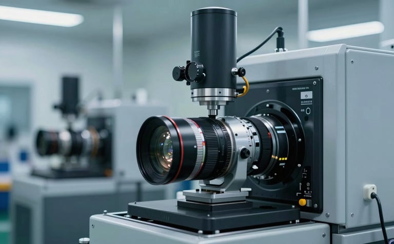 A close-up of high-tech manufacturing equipment in a clean, modern North American industrial facility, with soft light blue and grey tones and professional workshop atmosphere.