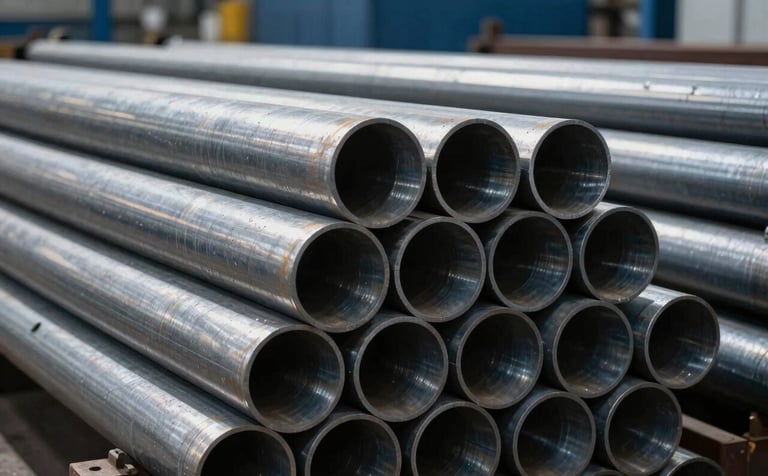 Close-up of a stack of organized, large-diameter steel pipes in a fabrication facility. The lighting is bright and industrial, reflecting Mist Grey tones on the metallic surfaces against a backdrop of Deep Charcoal Blue shadows.