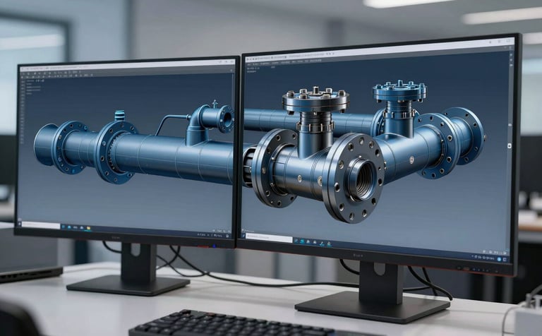 A high-precision 3D CAD model of a complex piping spool displayed on a dual-monitor setup in a professional engineering office. The screen shows lines in Muted Steel Blue and Deep Charcoal Blue. The environment is clean and modern with soft lighting.