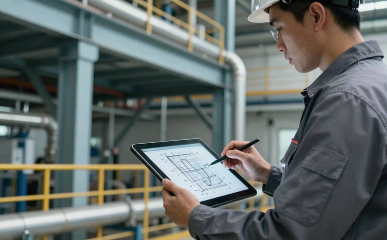 A professional technician using a digital tablet to verify site piping against a technical drawing. The scene is an industrial plant with visible structural steel in Muted Steel Blue and Mist Grey.