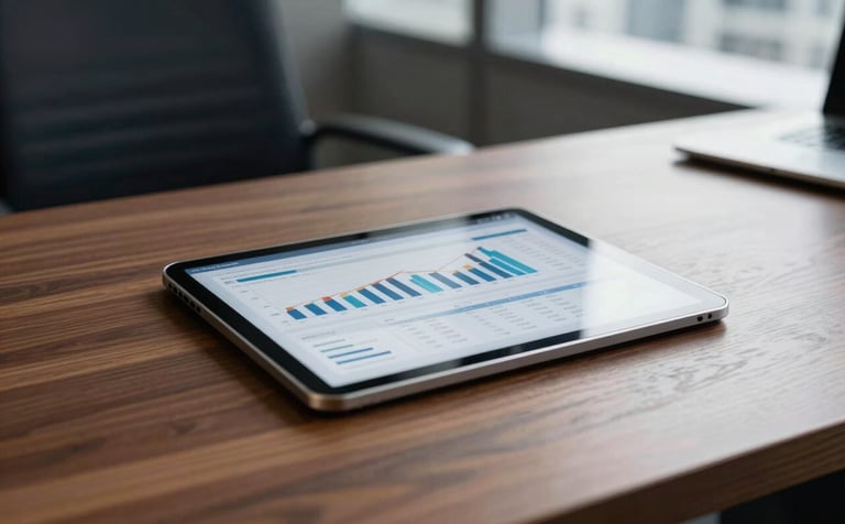 A sleek corporate environment in a US city. Focus on a tablet showing financial reports on a polished wooden desk. Professional lighting with deep navy and soft white tones. High-end, sophisticated setting.