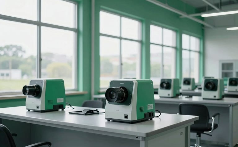 A clean, high-tech fulfillment center in the US. Large windows, emerald green and soft white color scheme. A professional workstation is visible in the foreground with specialized scanning equipment. Crisp, architectural photography style.