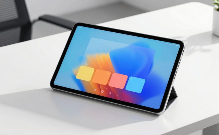 A high-end Android tablet resting on a clean, modern white desk in a bright North American / International office. The screen displays a vibrant, intuitive interface with colorful drawing tools and Sky Blue accents. Sophisticated natural lighting highlights the sleek hardware design.