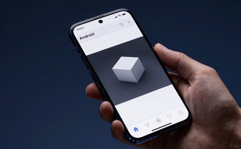 Close-up photography of a hand holding a high-performance Android smartphone. The screen shows a sophisticated 3D modeling application with clean lines. Dark Navy and Steel Blue studio lighting creates a professional, forward-thinking mood. North American / International context.