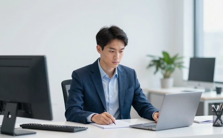 A professional and sophisticated office setting with a focused business professional working at a clean desk. The atmosphere is modern and efficient, incorporating the brand colors #1A2A3A and #B0C4D4 through decor and soft lighting.