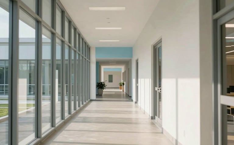 A brightly lit, modern American educational corridor with glass walls and clean architecture. The composition emphasizes clarity and a professional atmosphere, with natural light catching the pale off-white walls and light sky blue accents.