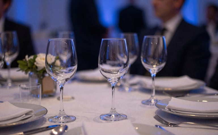 A sophisticated evening corporate gala event in a North American setting. The shot is a close-up on elegant table settings with glass details reflecting muted steel blue and dark navy blue ambient light, capturing a sense of reliability and clarity.