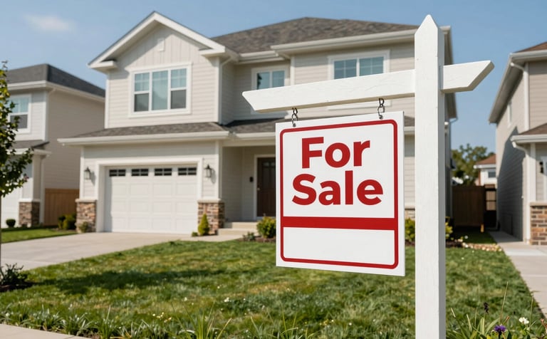 A high-end residential property in a modern North American neighborhood. The photograph features a bright, sunlit exterior with a well-manicured lawn and a subtle 'For Sale' sign in the foreground, using a color palette of light sky blue and pale off-white to convey professional efficiency.