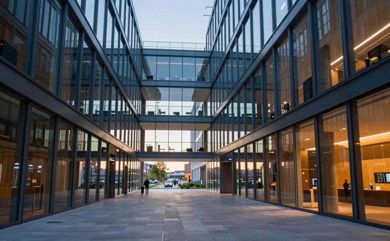 A wide shot of a modern public building atrium in Northern Europe, reflecting transparency and open governance, high ceilings, clean lines, professional Dutch setting, soft morning light, featuring Deep City Blue and Warm Orange tones.
