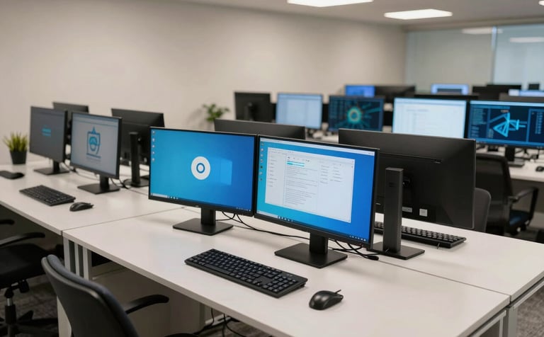 An expansive, clean workspace showing a sleek computer setup with multiple monitors in a South American / Brazilian technology park office. The environment is calm, featuring light blue and off-white color tones, symbolizing dedicated and expansive reach. Cinematic, high-resolution photography.