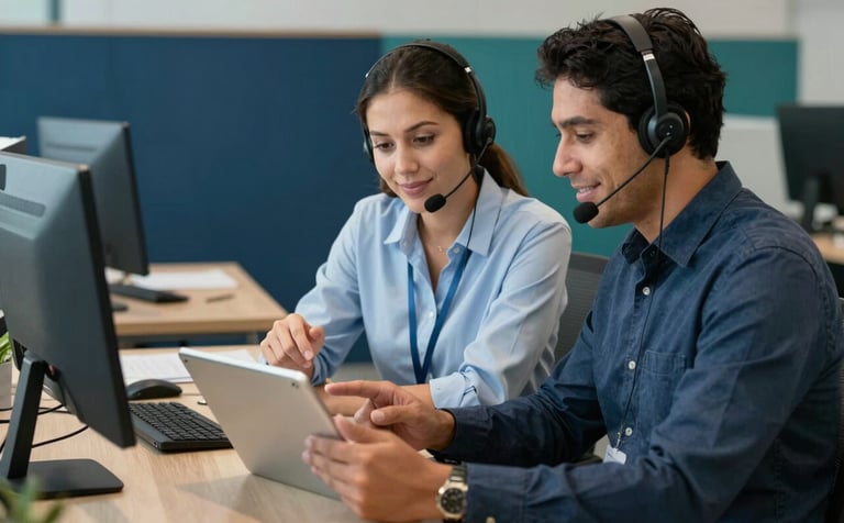 Two South American / Brazilian colleagues in a modern, organized workstation, one pointing at a tablet screen while the other wears a headset, smiling slightly. The setting is clean and efficient with dark blue and teal furniture. Professional corporate photography.