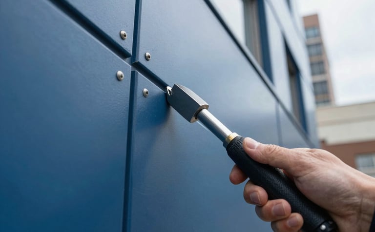 A focused close-up of a professional applicator tool being used with precision along the base of a modern steel blue commercial building in a North American / US city. Bright, reliable, professional atmosphere.